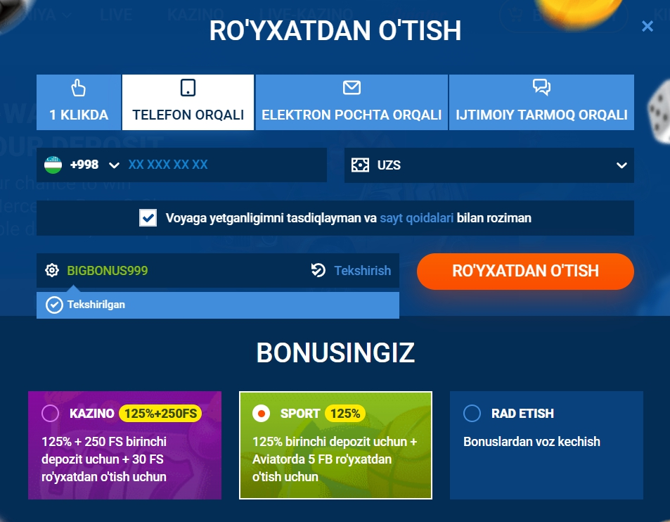 Telefon orqali ro'yxatdan o'tish